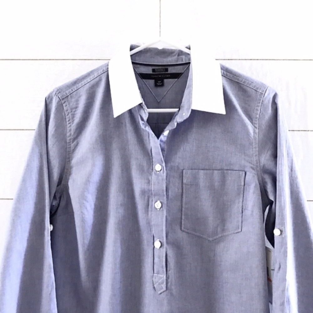 Tommy Hilfiger Blue White Long Sleeve Popover Top - Picture 3 of 8